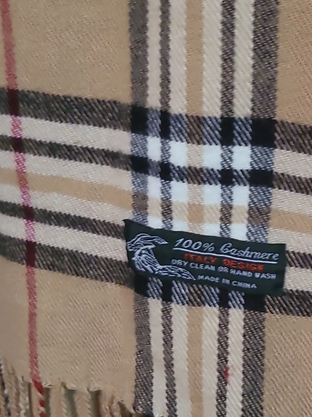 Classic Tan Plaid Scarf with Black, White and Red Stripes Cashmere NWOT Italy